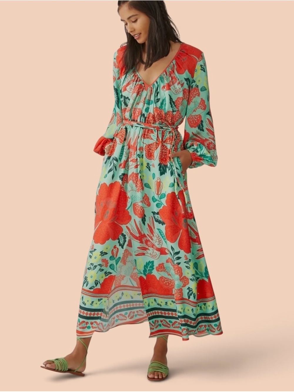 Farm Rio Anthropologie Poppy Print Maxi Dress XXS Petite Belted Front Split $328